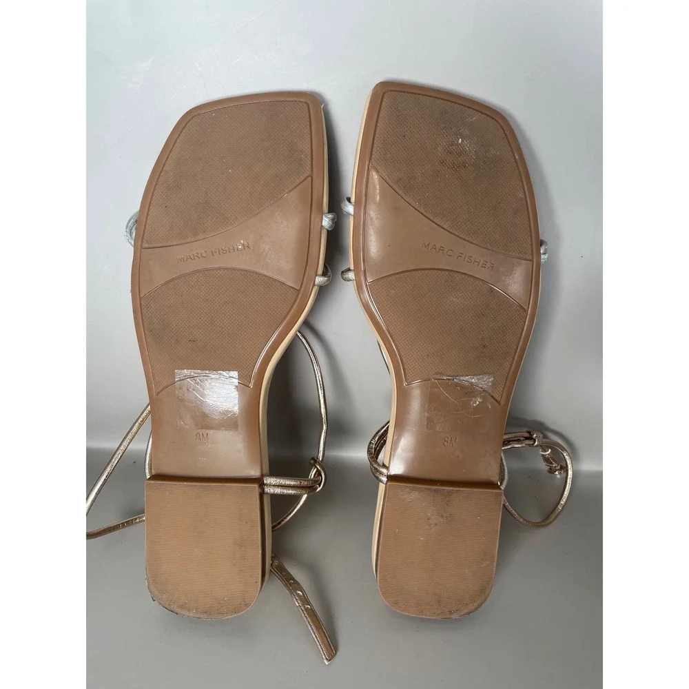 Marc Fisher Womens 8M Mixed Metal Strappy Square Toe Flat Sandals Gold Silver